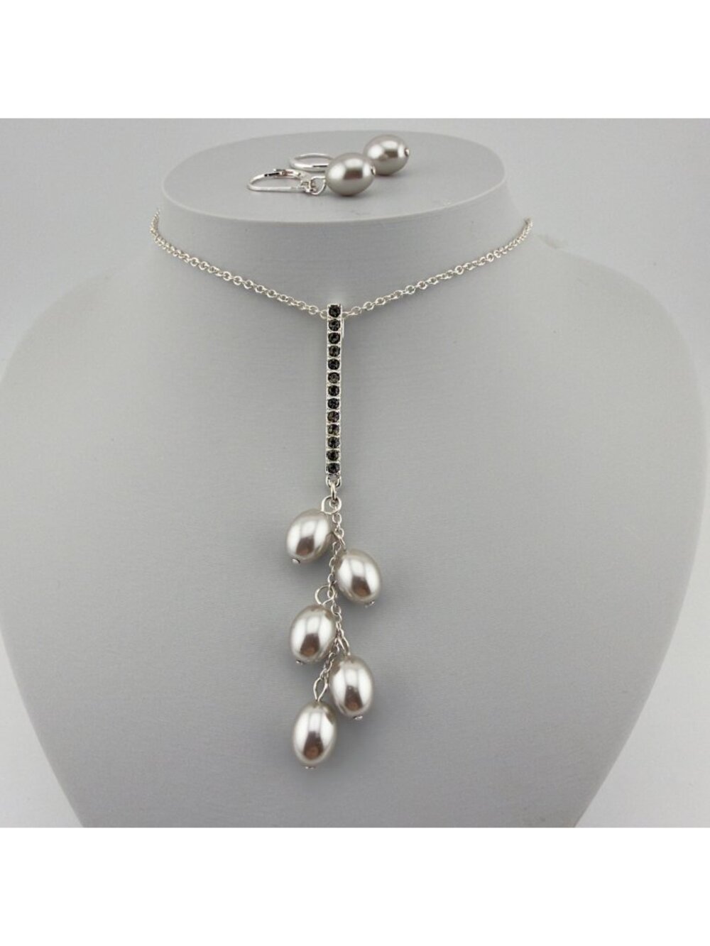 Faux Pearl Crystal Drop Tassel Necklace And Earrings Set Silver Tone